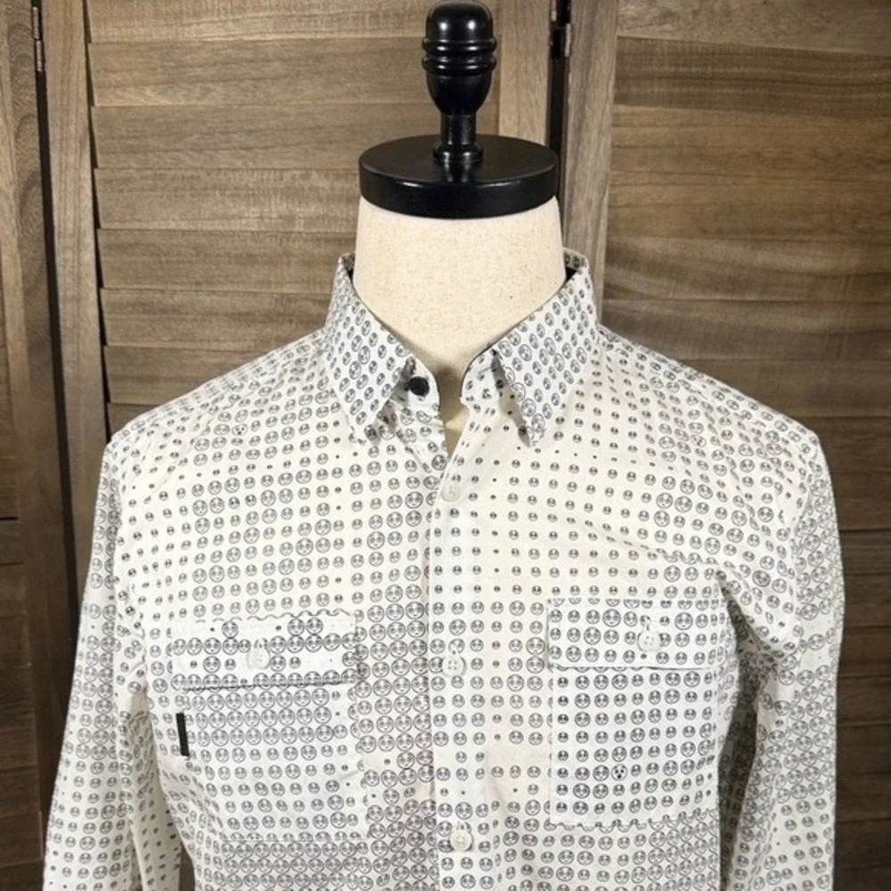 Marc Ecko Shirt Mens Medium Cut & Sew White Graphic Face Button Down Long Sleeve